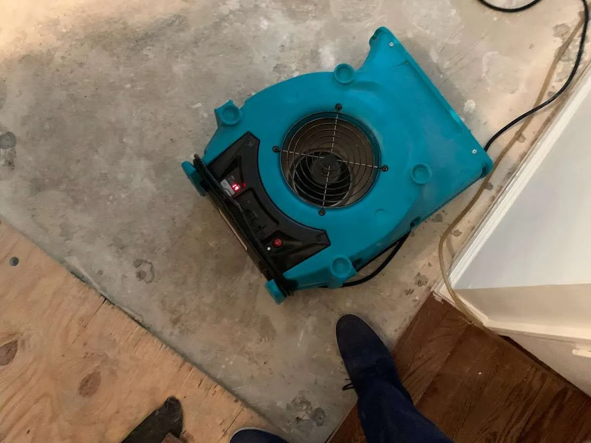 Air mover drying subfloor during Commercial Water Damage Restoration in Conemaugh